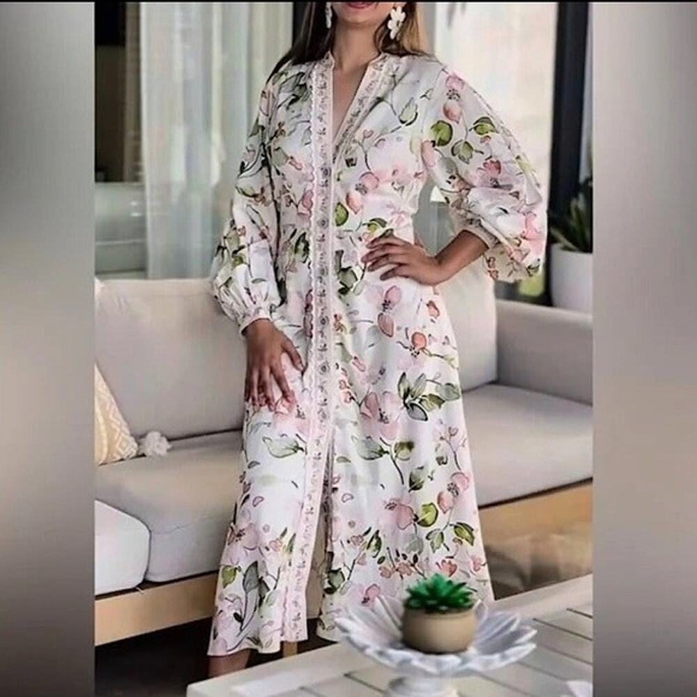New Caroline Constas Womens Floral Green Peach White Linen Blend Dress Small